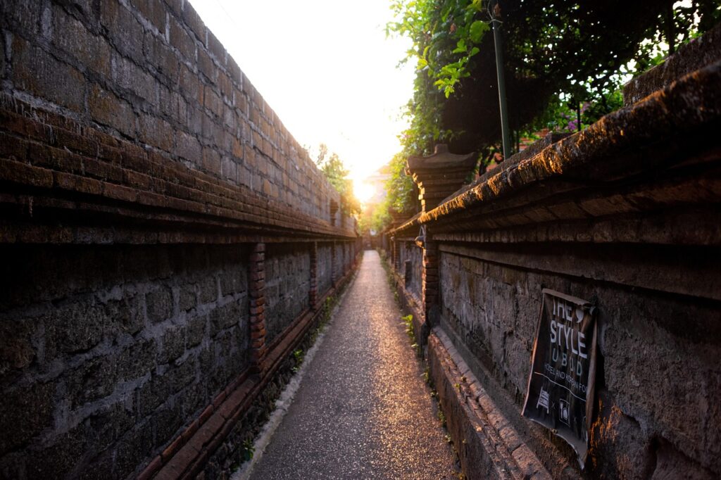 A narrow street in Bali, showing why a private driver helps with getting around